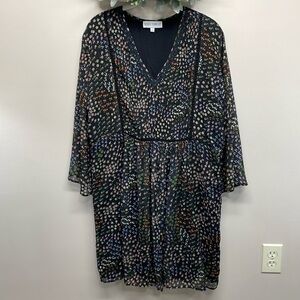 Boho Thread Black Floral V-Neck 3/4 Bell Sleeve Dress L